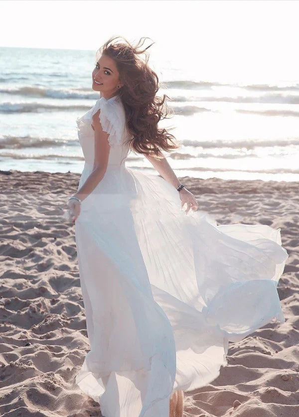 Vestidos de novia de gasa con escote en V y mangas cortas